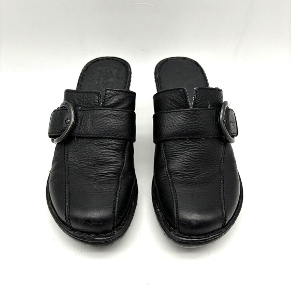 BOC Born On Concept Black Leather Gunmetal Buckle Block Heel Platform Clogs 7 - Picture 2 of 16